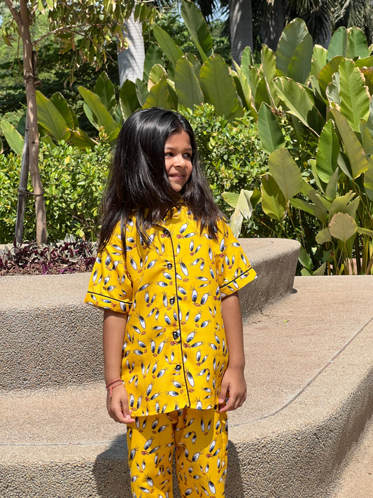 YELLOW BACK PRINTED KIDS NIGHT SUITE FOR GIRLS
