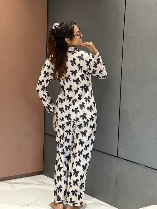 BOW PRINTED NIGHT SUITE WITH SCRUNCHIESH