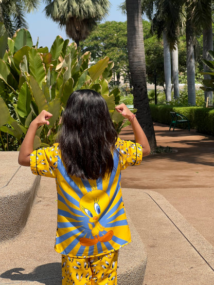 YELLOW BACK PRINTED KIDS NIGHT SUITE FOR GIRLS