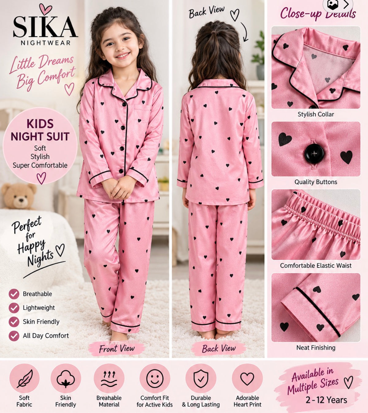 Kids pink heart printed nightsuit