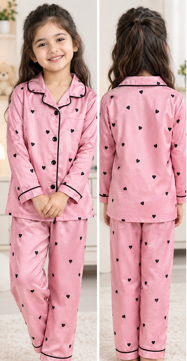 Kids pink heart printed nightsuit
