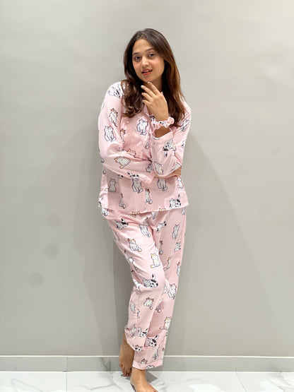 CAT PINK COLUR PRINTED NIGHT SUITE WITH SCRUNCHES