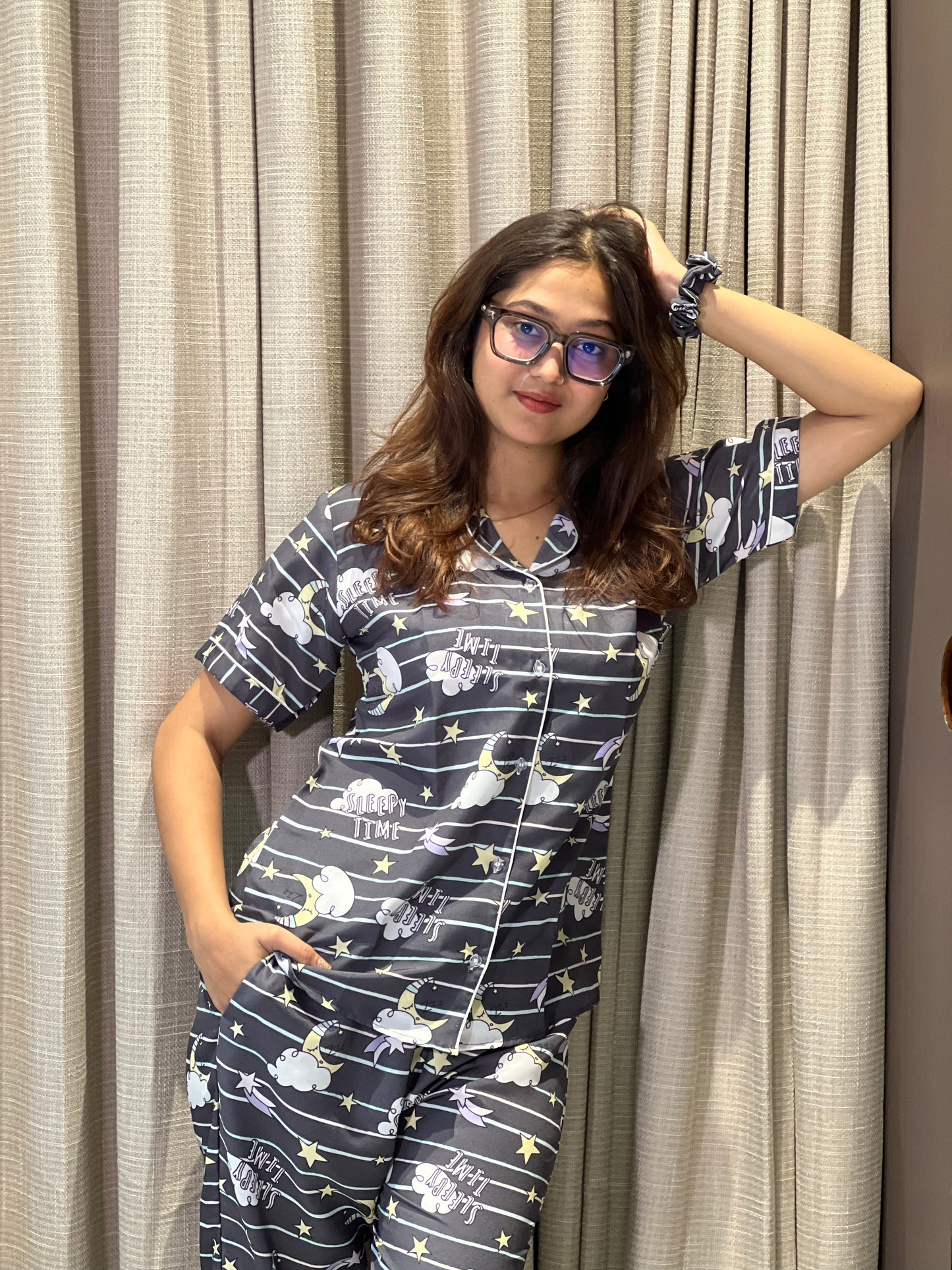 STAR PRINTED NIGHT SUITE WITH SCRUNCHES