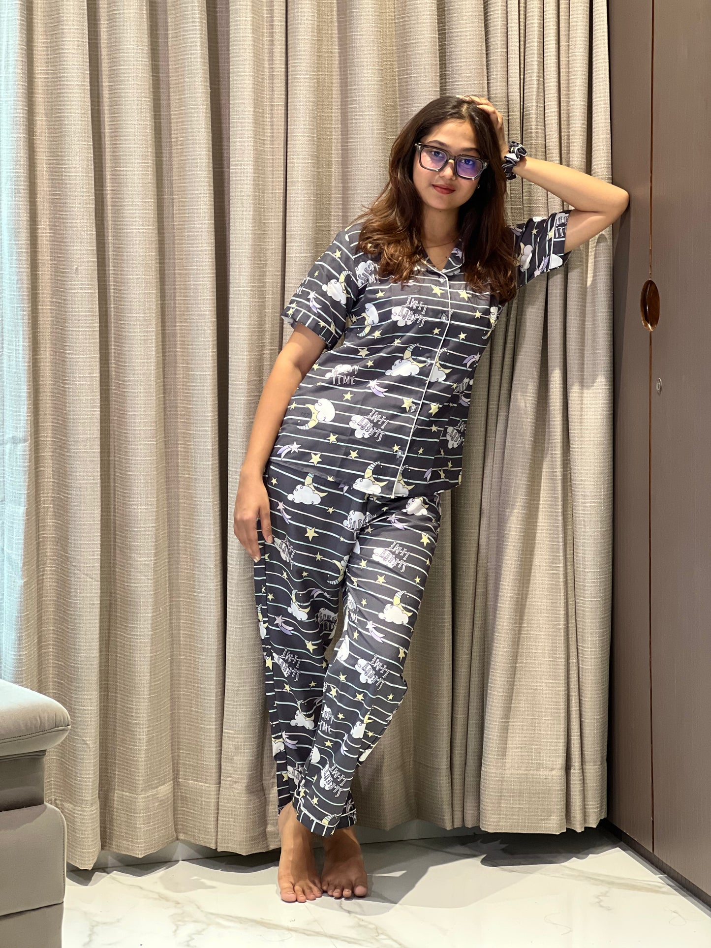 STAR PRINTED NIGHT SUITE WITH SCRUNCHES