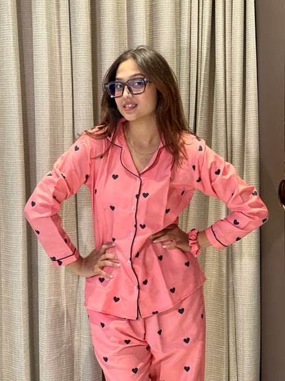 HEART PRINTED NIGHT SUITE WITH SCRUNCHES