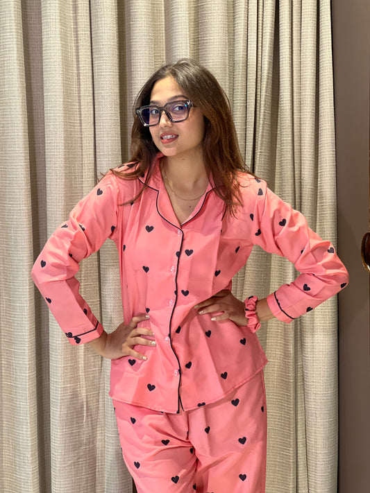 HEART PRINTED NIGHT SUITE WITH SCRUNCHES