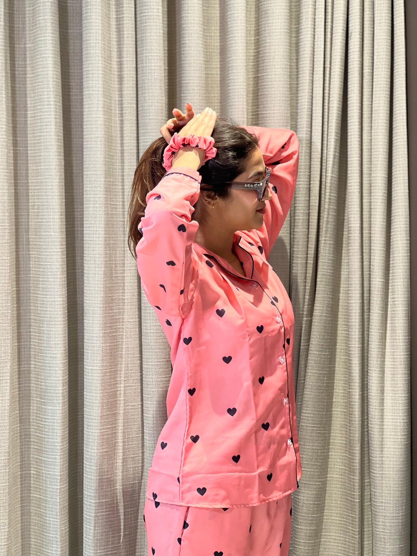 HEART PRINTED NIGHT SUITE WITH SCRUNCHES